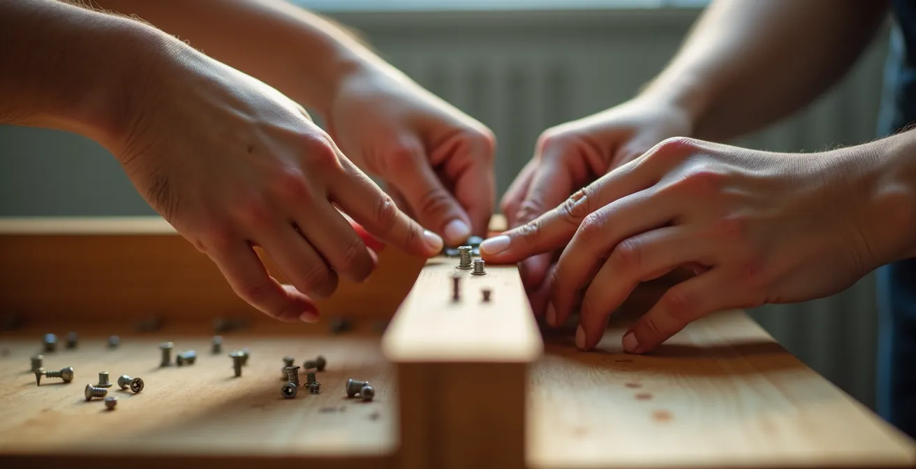 Couple assemblant un meuble ensemble avec complicité malgré la complexité