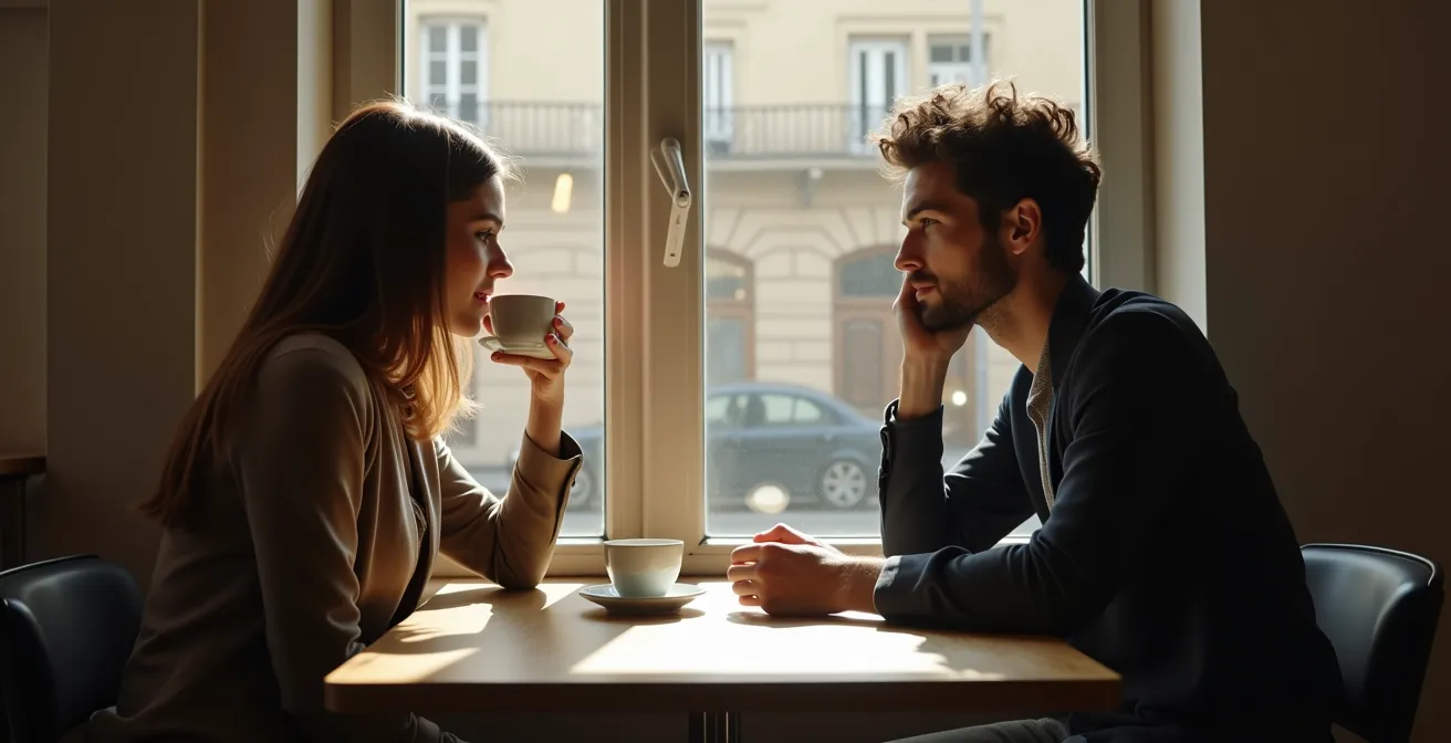 Un couple en discussion calme et réfléchie dans un environnement apaisant