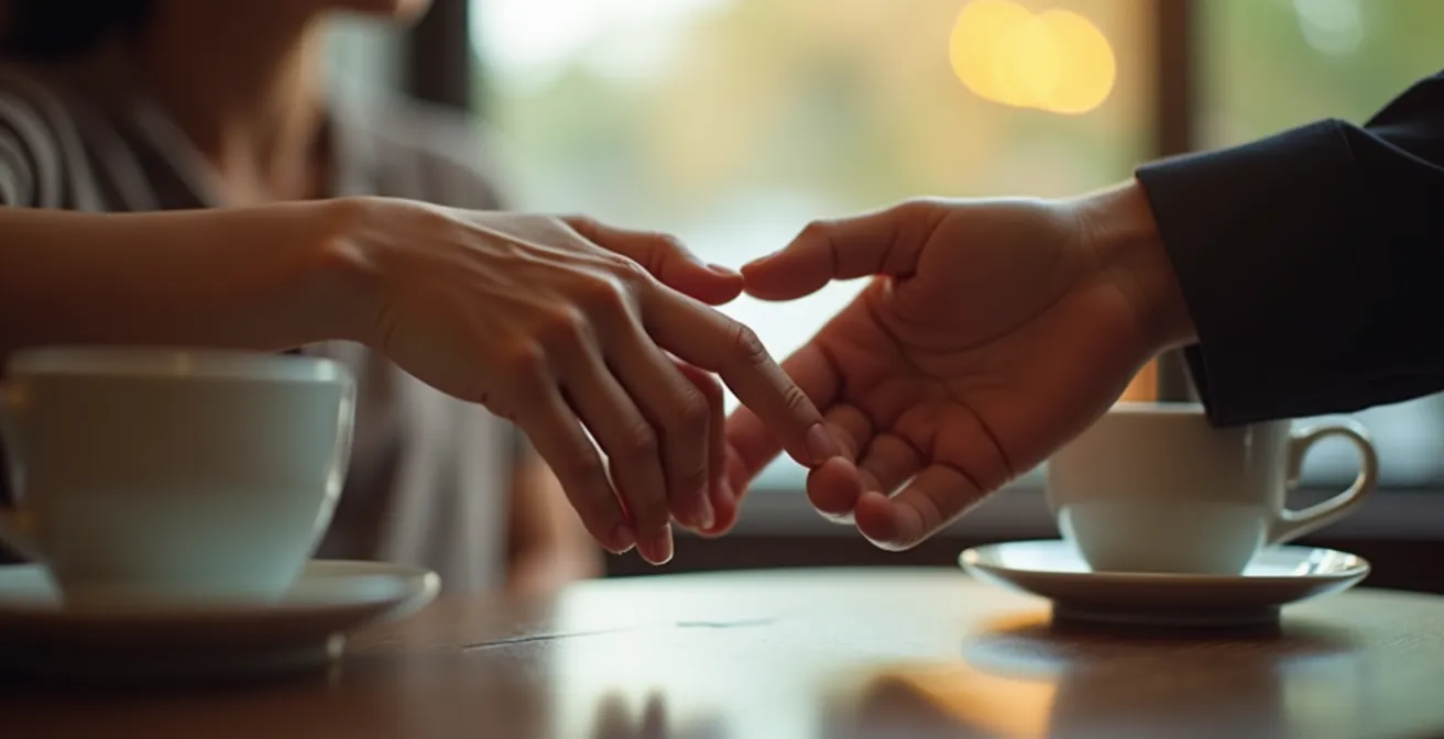 Gros plan sur des mains qui se touchent délicatement lors d'une conversation intime