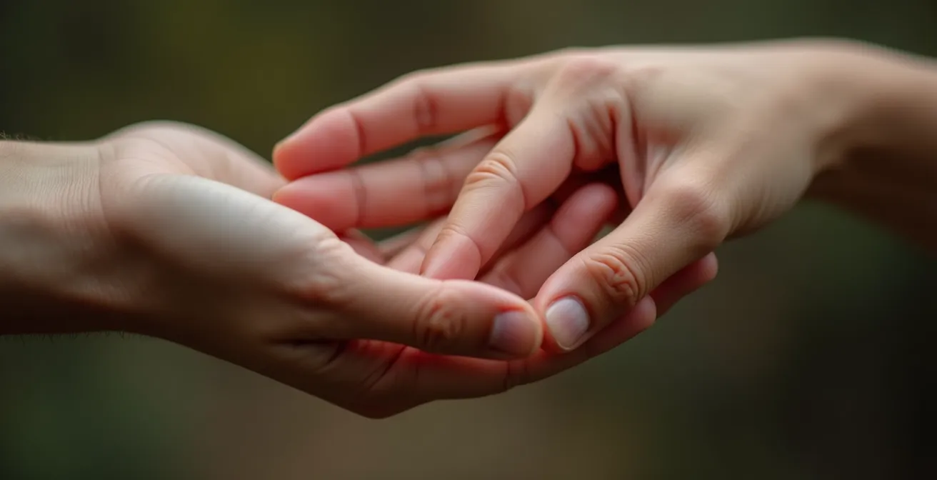 Gros plan macro sur des mains entrelacées montrant la texture de la peau et la connexion intime