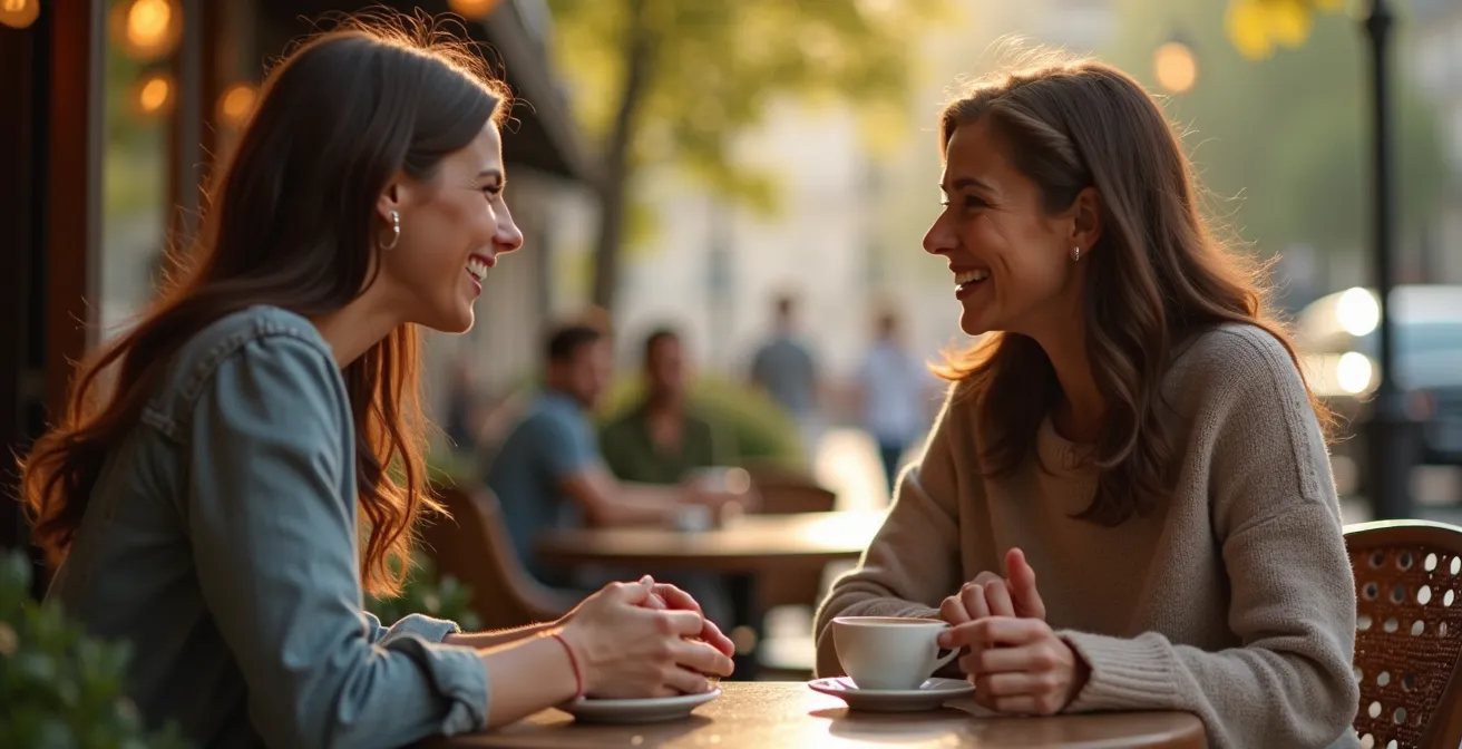 Deux personnes en conversation détendue dans un café parisien, illustrant l'échange naturel sans pression de séduction