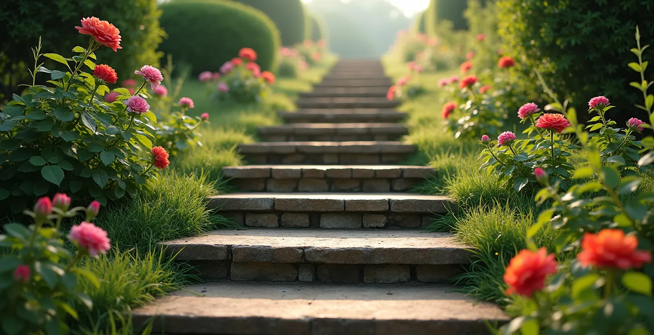 Représentation métaphorique des cinq niveaux de conversation sous forme d'escalier en pierre naturelle dans un jardin français