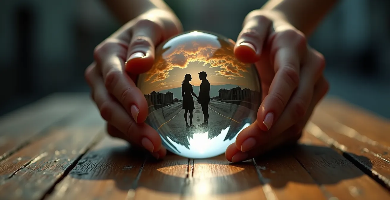 Métaphore visuelle du piège de la projection excessive dans le futur d'un couple