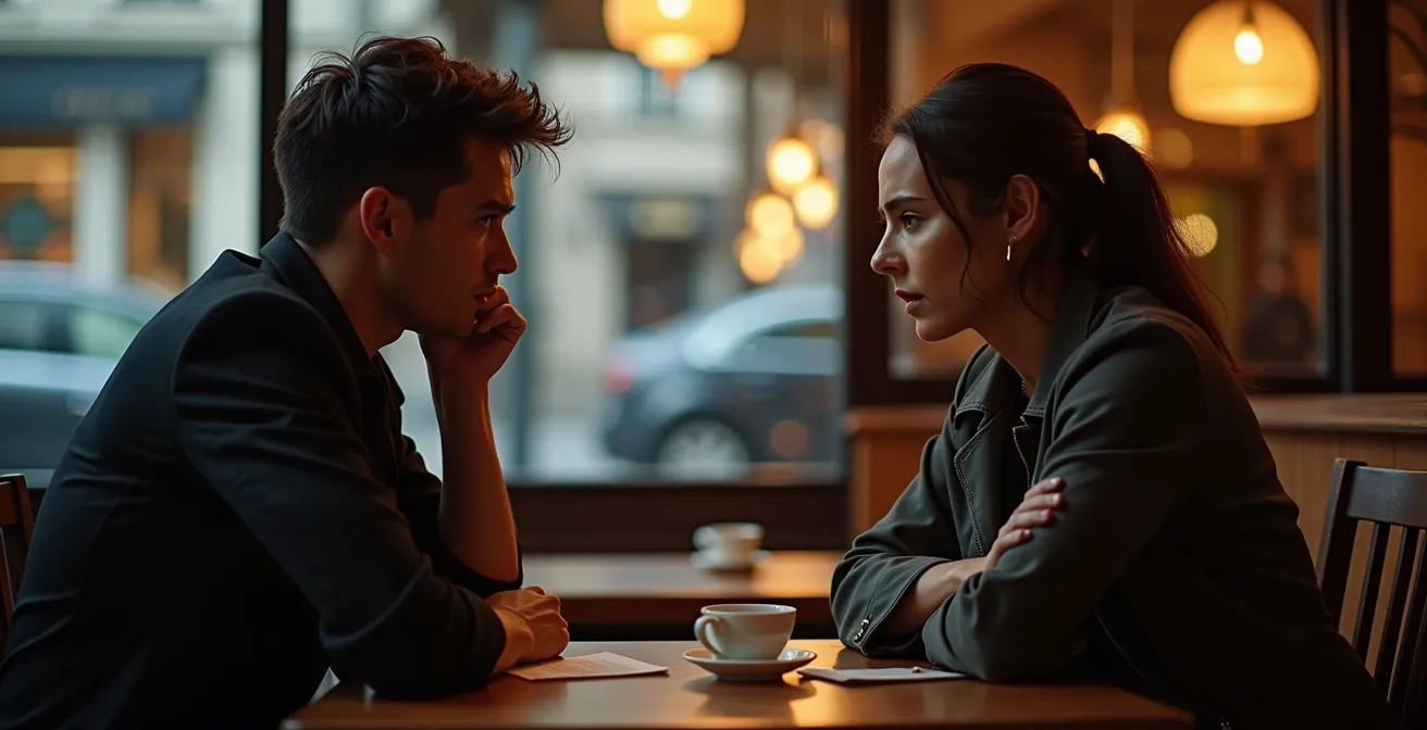 Personne avec les bras croisés et regard fuyant en conversation speed dating