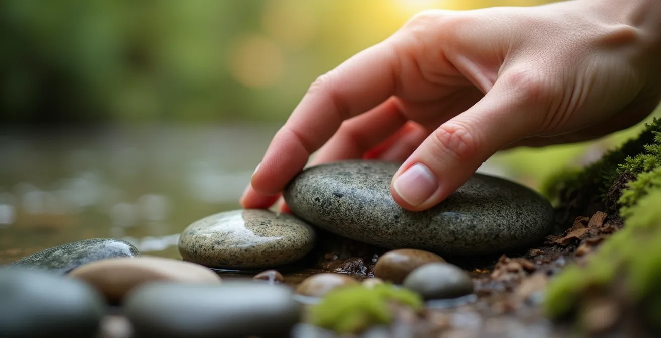 Main touchant délicatement différentes textures naturelles