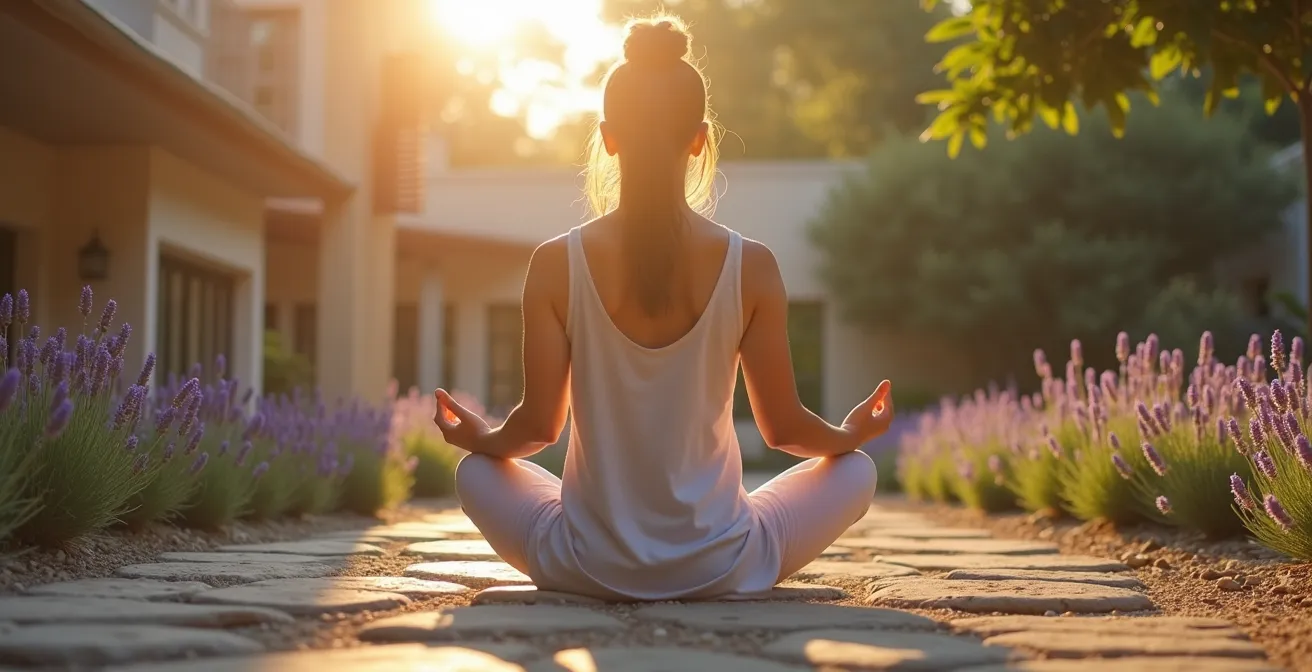 Personne pratiquant la respiration profonde dans un jardin zen
