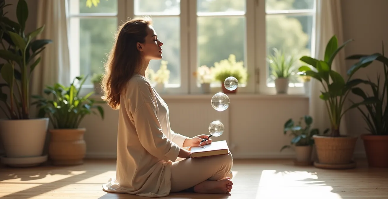 Personne pratiquant des exercices d'ancrage émotionnel dans un environnement paisible