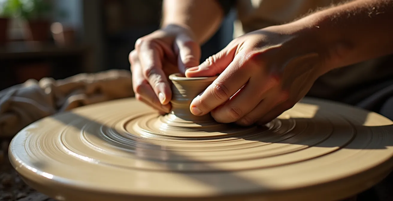 Femme concentrée sur son travail de poterie dans un atelier lumineux, les mains façonnant l'argile