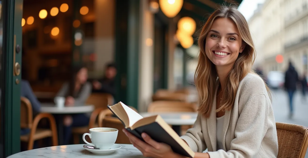 Femme souriante savourant un café en terrasse parisienne, incarnant le bonheur auto-suffisant