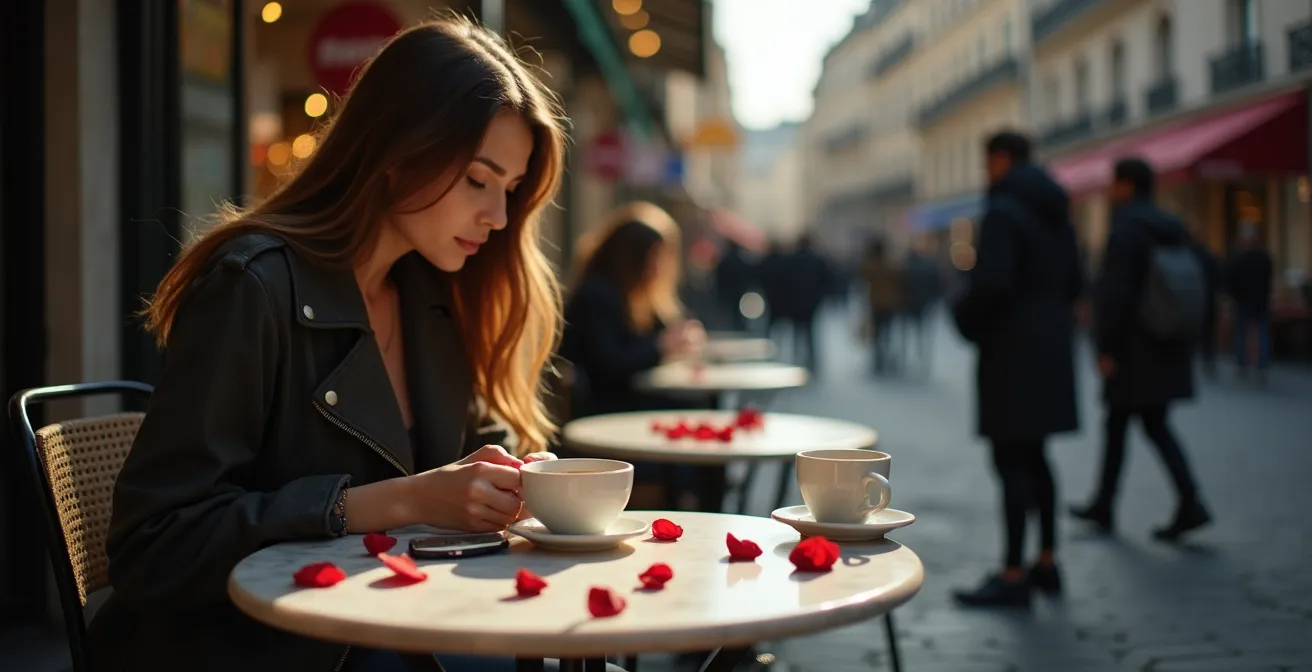 Femme en réflexion seule à une terrasse de café parisien après un rendez-vous