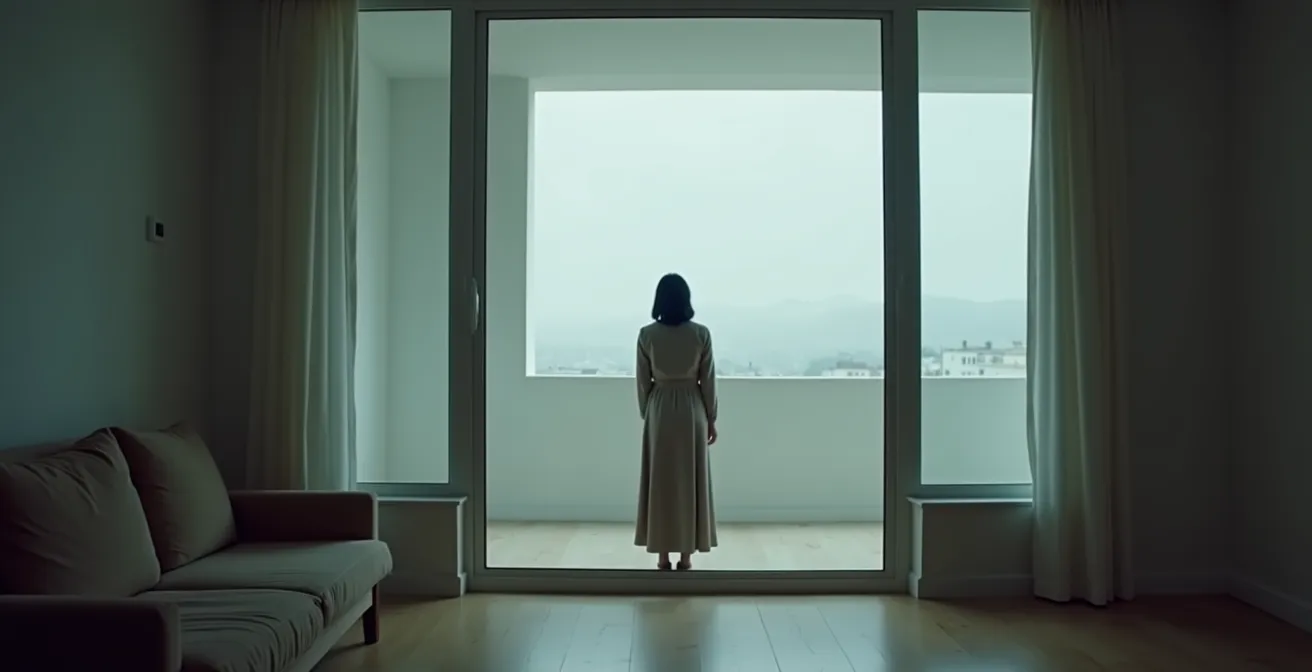 Femme contemplative devant une fenêtre avec reflet symbolisant le dilemme entre rêves personnels et stabilité du couple