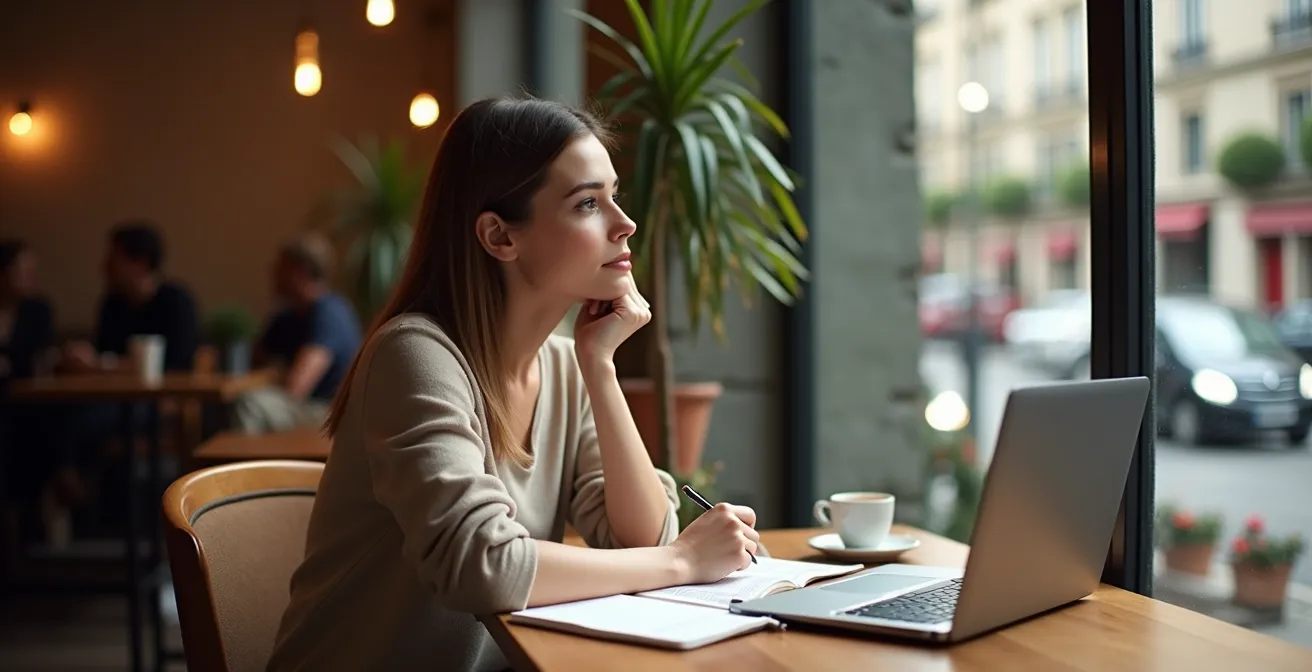 Une femme assise dans un café, réfléchissant pensivement en regardant par la fenêtre, avec un ordinateur portable fermé devant elle