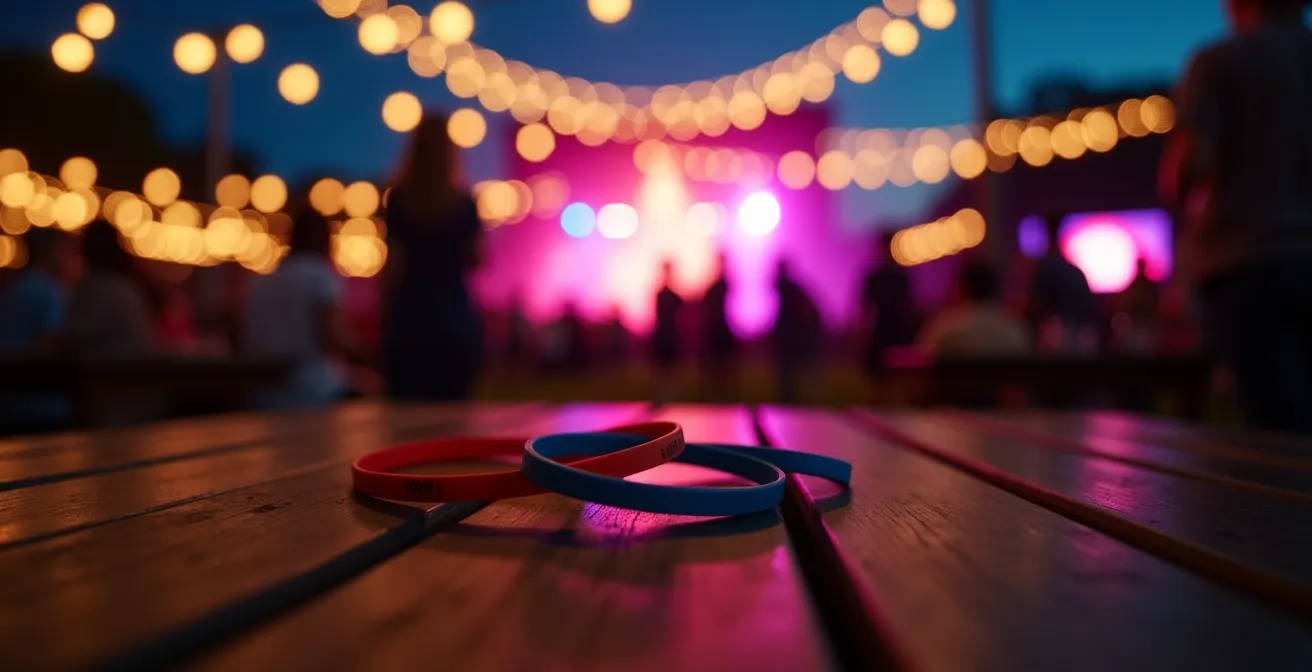 Scène de festival de musique local en France avec des groupes de personnes profitant de l'ambiance