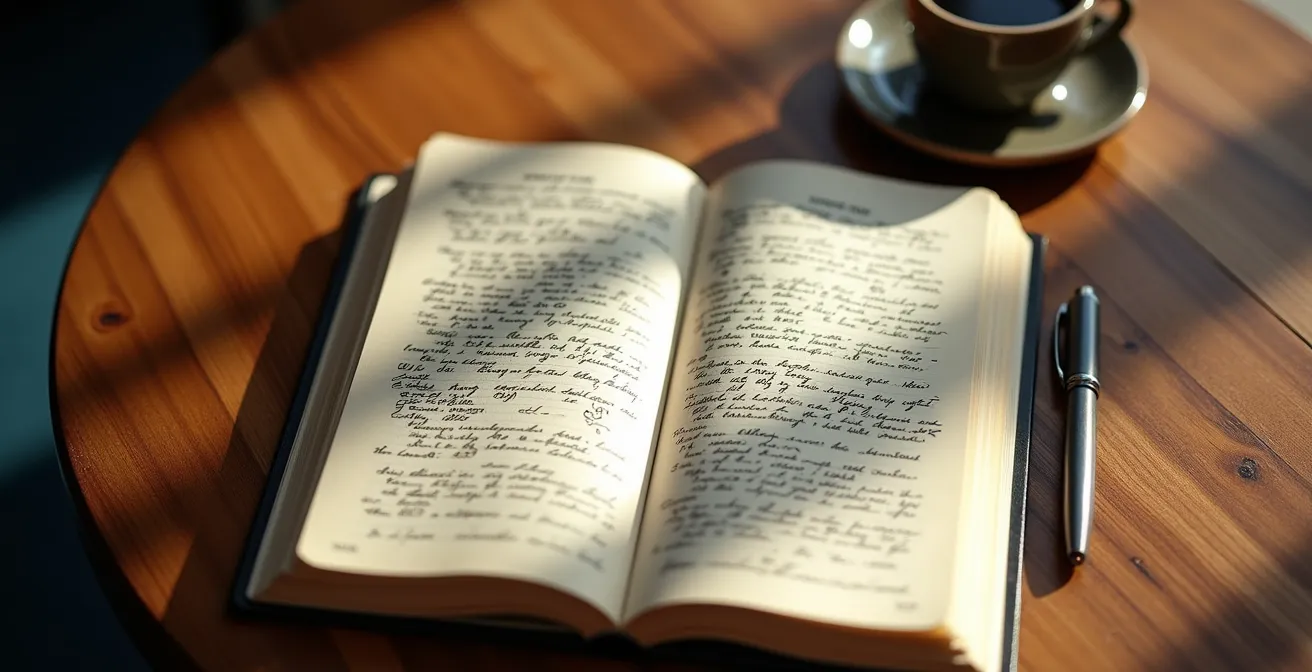Carnet de notes ouvert avec annotations manuscrites sur une table de café