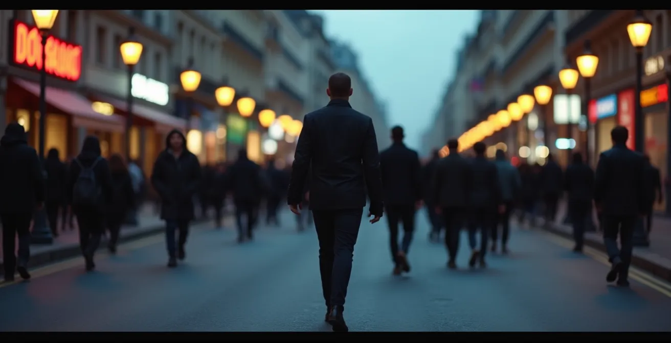 Homme marchant à contre-courant d'une foule floue dans une rue parisienne