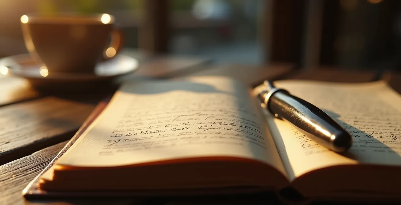 Carnet ouvert avec une plume posée, montrant des notes manuscrites floues sur l'évaluation émotionnelle des rencontres