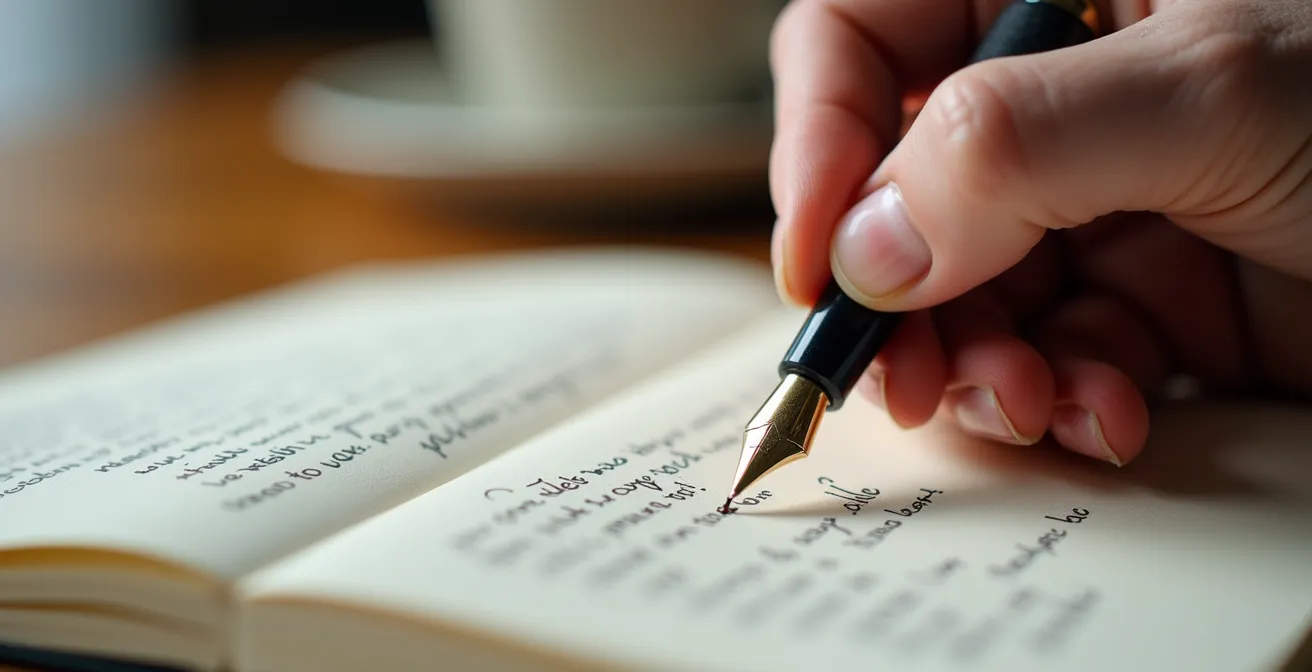 Personne écrivant dans un journal intime avec deux colonnes visibles représentant les pensées rationnelles et émotionnelles