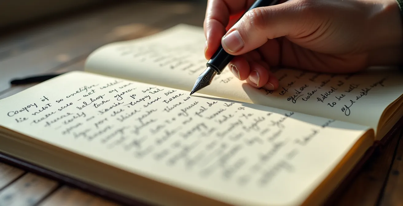 Carnet ouvert avec deux colonnes manuscrites, une main tenant un stylo au-dessus