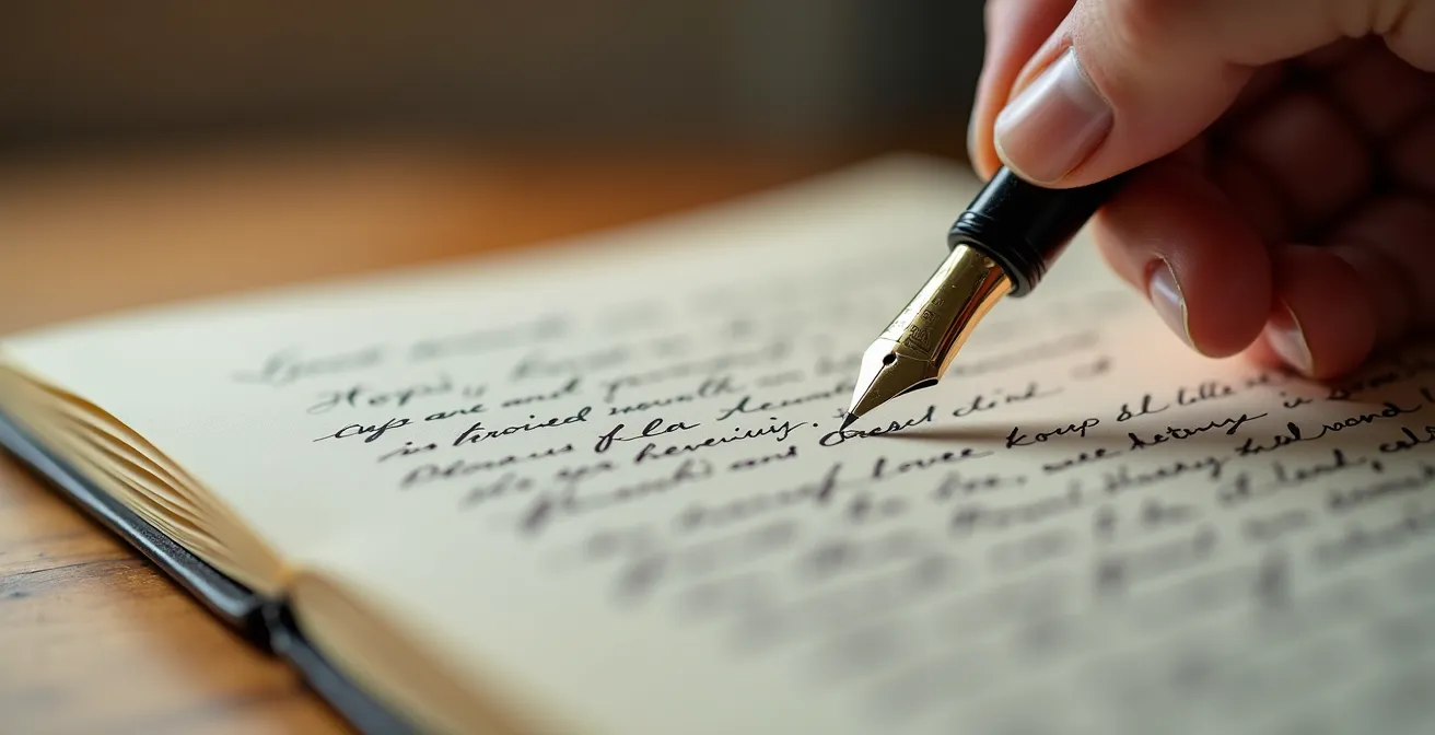 Gros plan macro sur une main écrivant dans un journal intime avec reflet subtil dans une surface