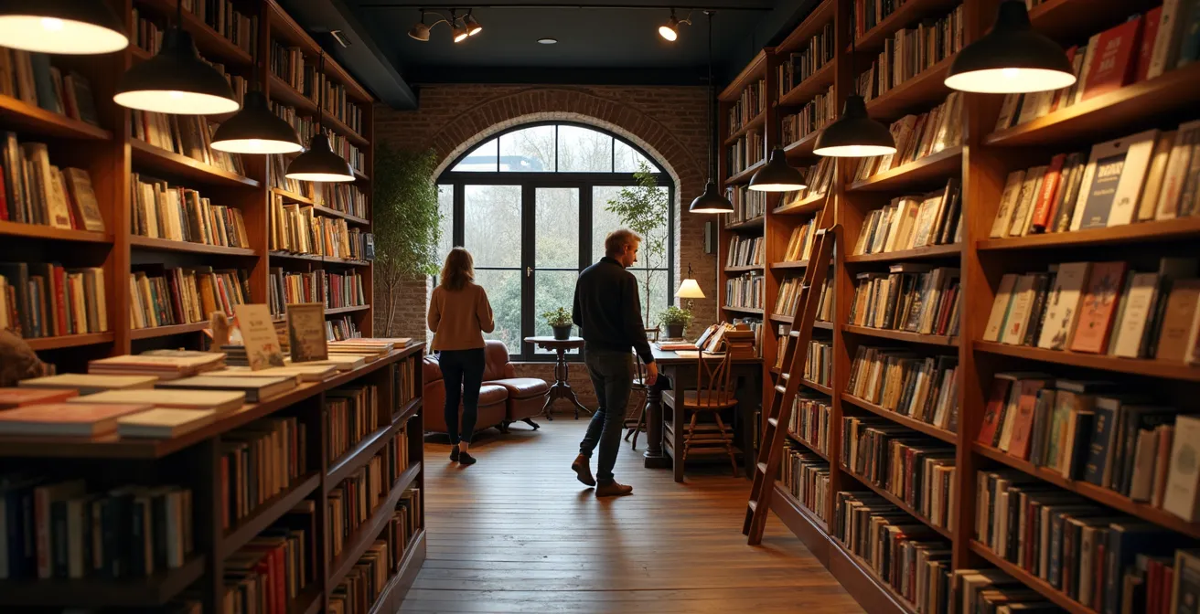 Intérieur chaleureux d'une librairie indépendante française avec des personnes parcourant les rayons