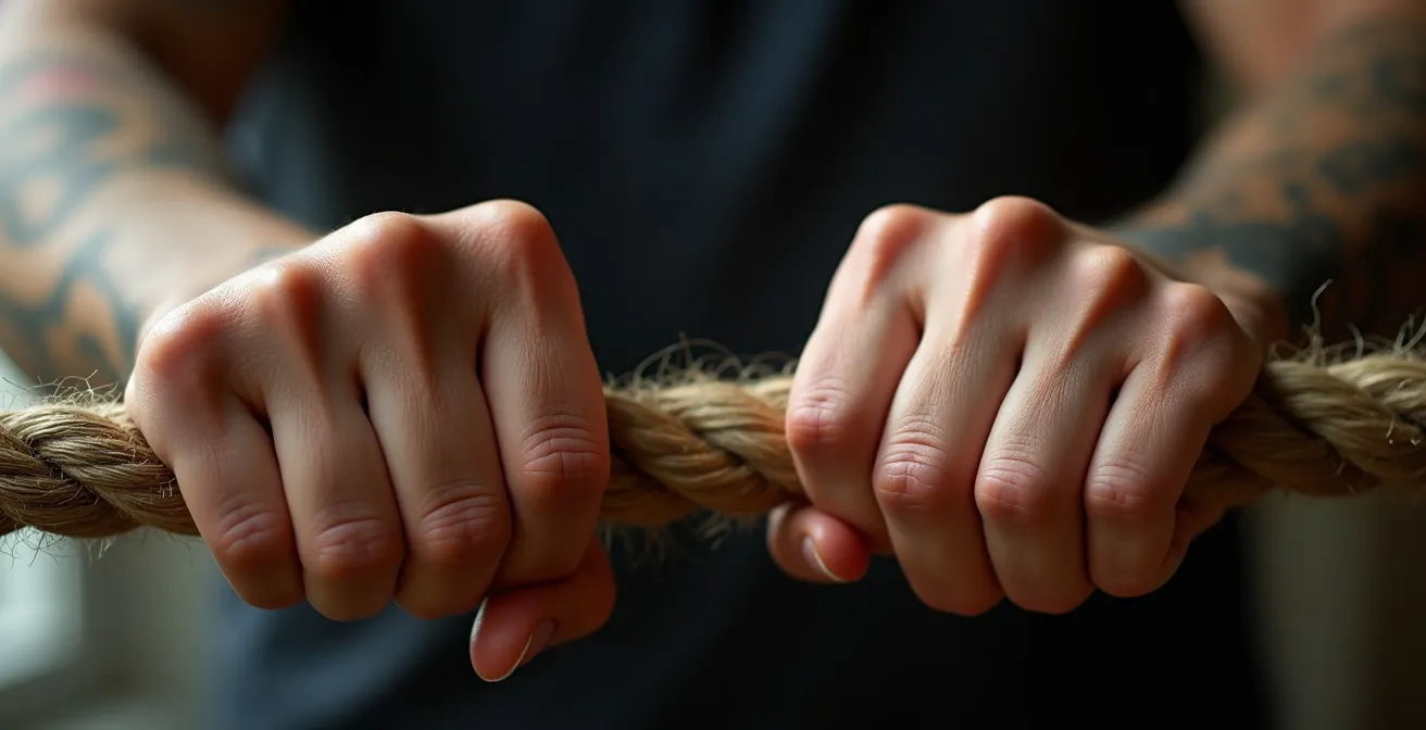 Gros plan sur des mains tenant une corde tendue symbolisant l'attachement anxieux