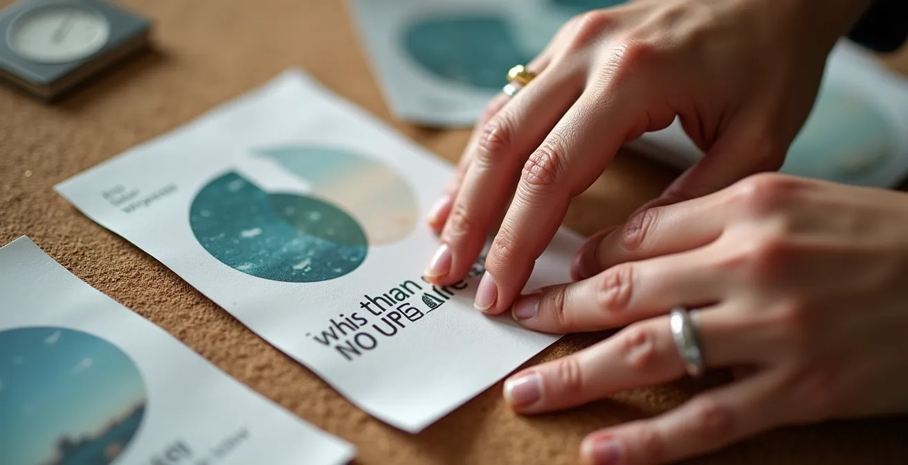 Gros plan sur les mains d'un couple assemblant ensemble des éléments visuels pour créer leur vision board commun