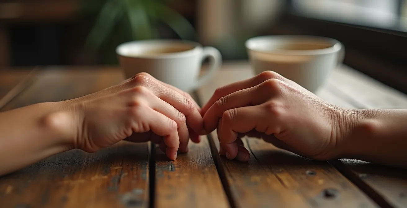 Gros plan sur deux mains qui se frôlent naturellement sur une table de café, symbolisant l'attraction mutuelle non forcée