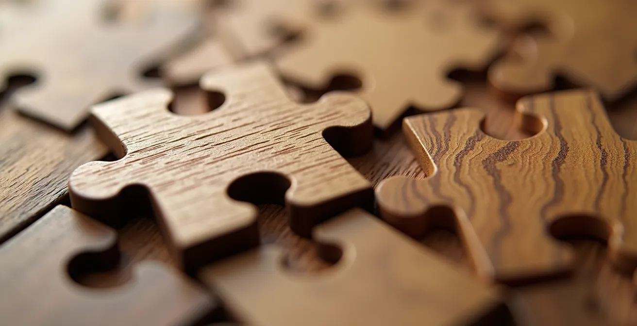 Vue macro de pièces de puzzle en bois s'assemblant avec des textures naturelles