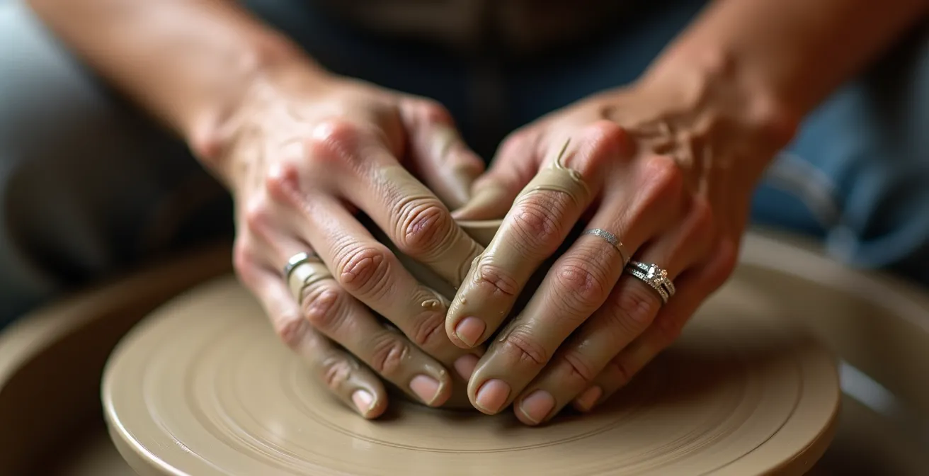 Mains d'un couple travaillant l'argile ensemble dans un atelier de poterie