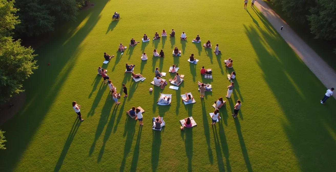 Vue aérienne d'un groupe d'amis formant trois cercles concentriques dans un parc français