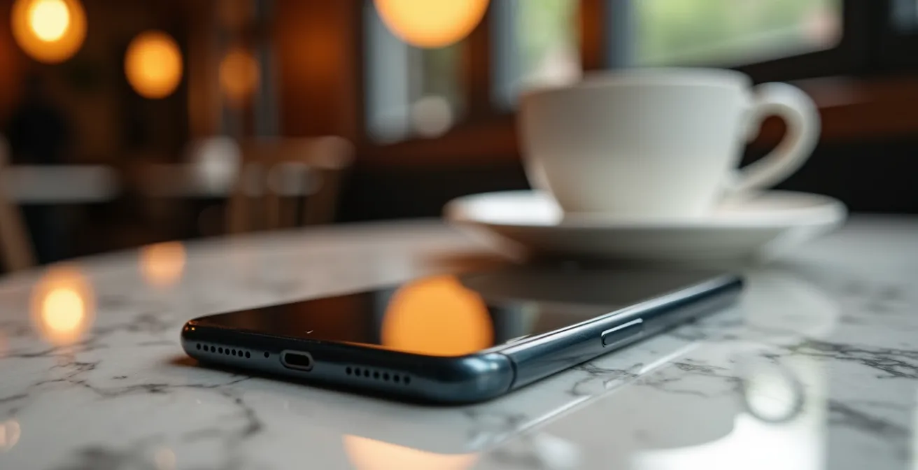 Vue macro d'un téléphone posé sur une table de café avec une tasse floue en arrière-plan