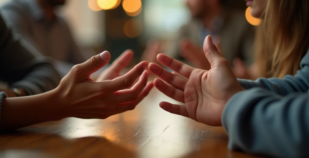 Gros plan sur des mains expressives racontant une histoire lors d'une conversation de speed dating