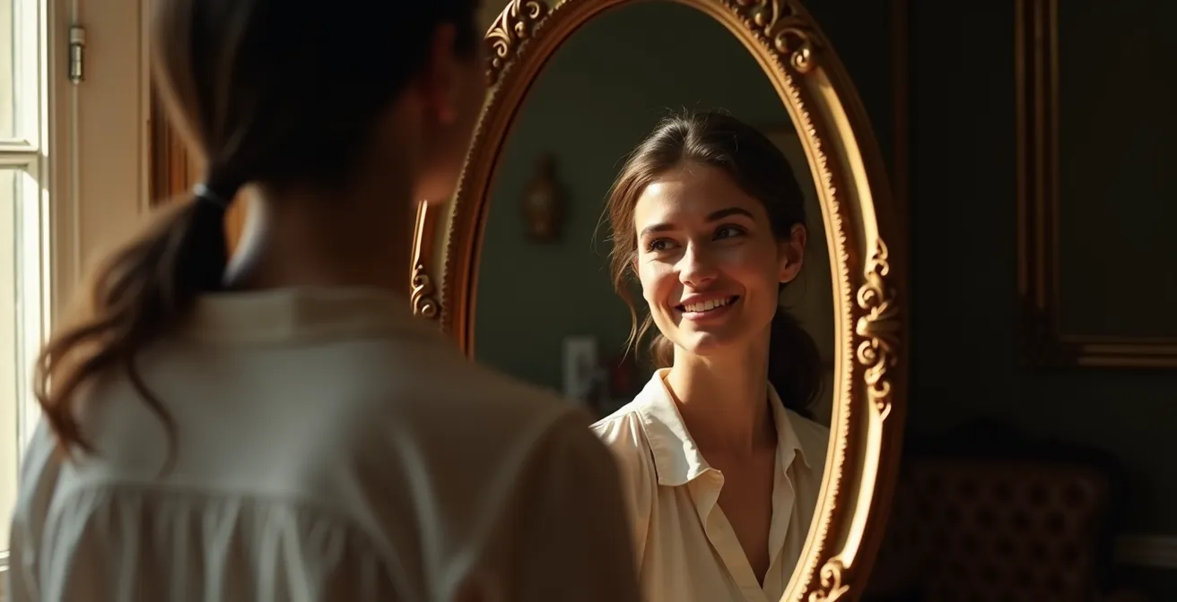 Personne se regardant dans un miroir avec une expression sereine et confiante