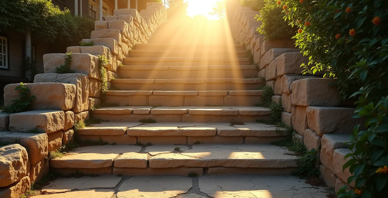 Métaphore visuelle d'un escalier en pierre représentant les niveaux de profondeur conversationnelle