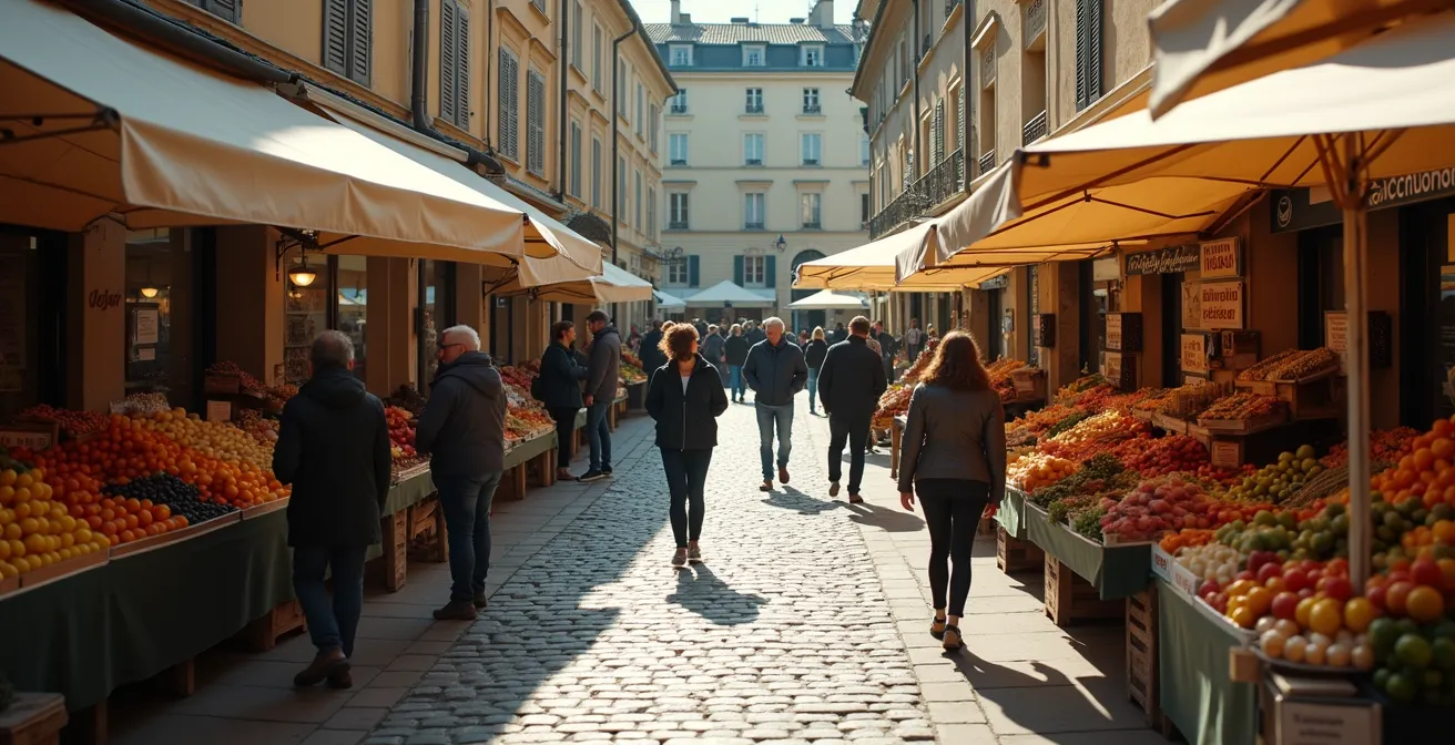 Vue aérienne d'une place de marché française animée avec des personnes interagissant naturellement