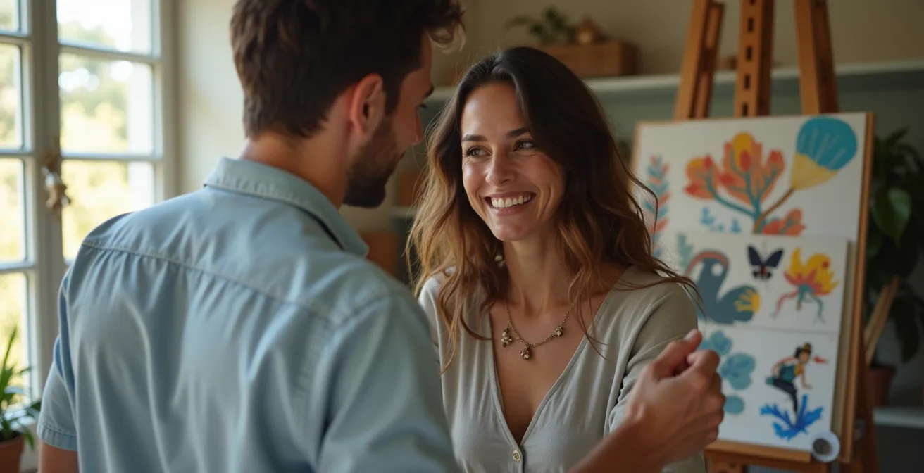 Couple où l'un encourage l'autre dans son projet créatif, illustrant le soutien mutuel dans l'épanouissement personnel