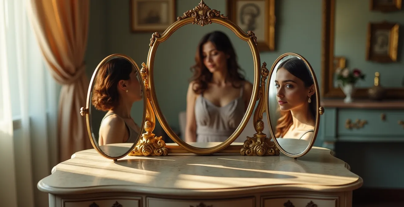 Métaphore visuelle du perfectionnisme en amour avec un miroir brisé se recomposant