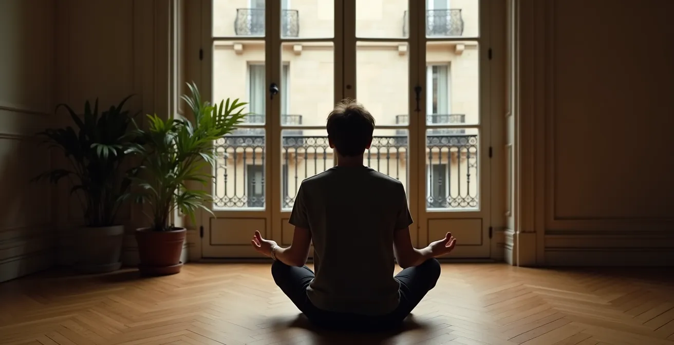 Personne en méditation devant une fenêtre française, moment d'apaisement après un conflit