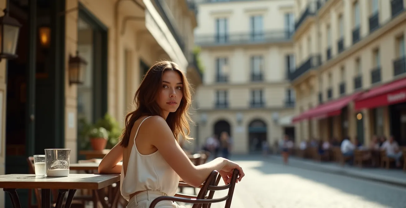 Personne assise en terrasse de café avec une posture ouverte et détendue, ambiance parisienne