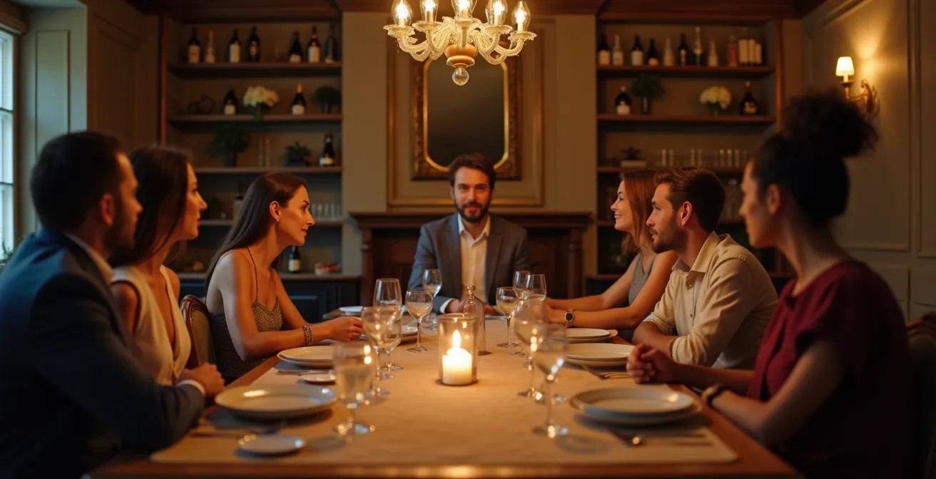 Groupe d'amis lors d'un dîner français montrant l'assertivité et l'empathie dans les échanges