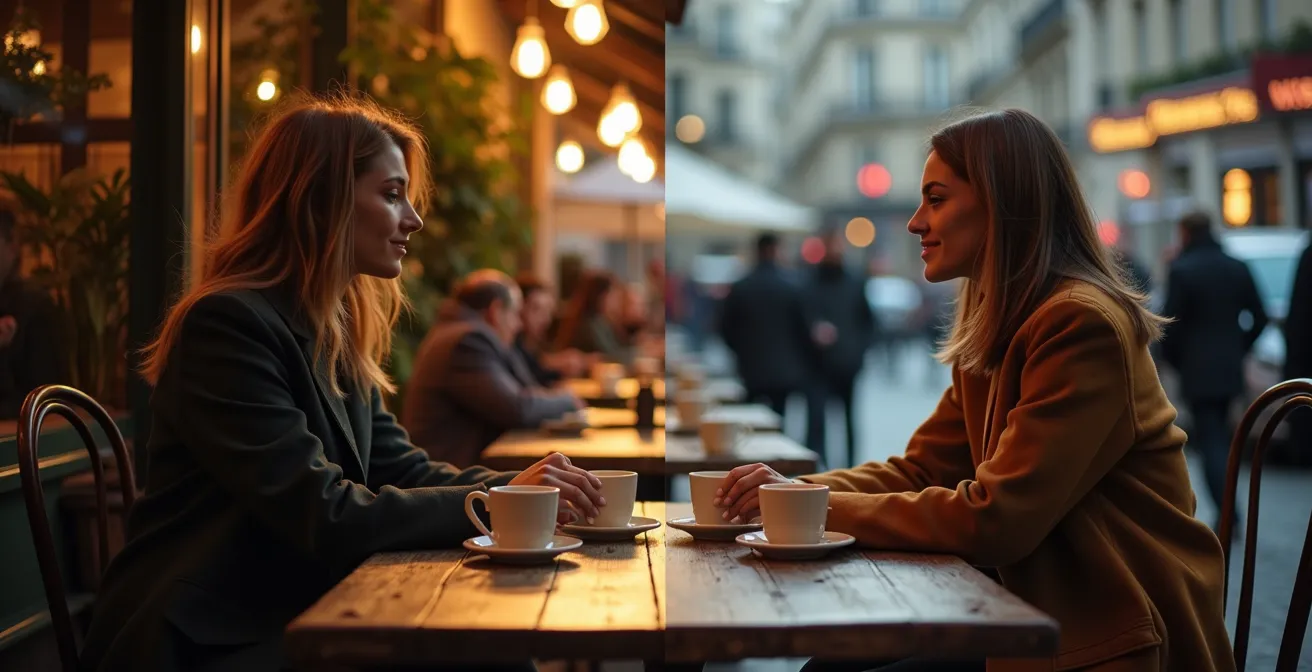 Premier rendez-vous détendu en terrasse, deux personnes découvrent leurs points communs