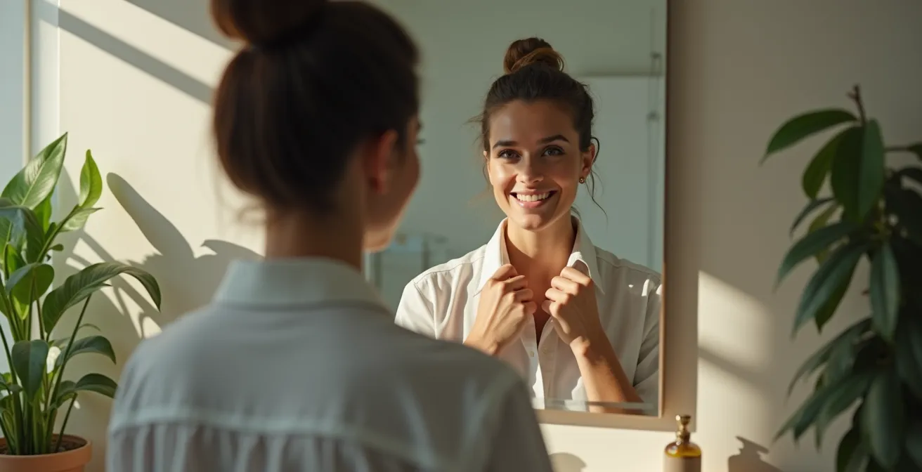 Personne se préparant mentalement devant un miroir avant un rendez-vous