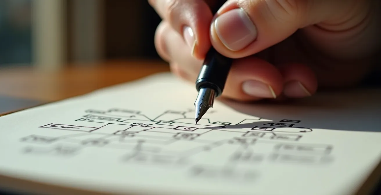 Vue macro d'une main écrivant des notes de préparation pour speed dating