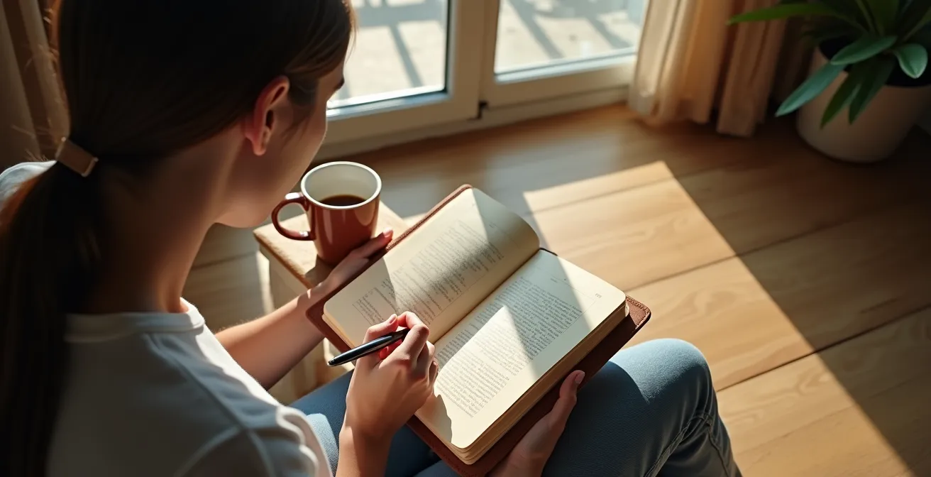 Personne écrivant dans un carnet de développement personnel dans un cadre intimiste