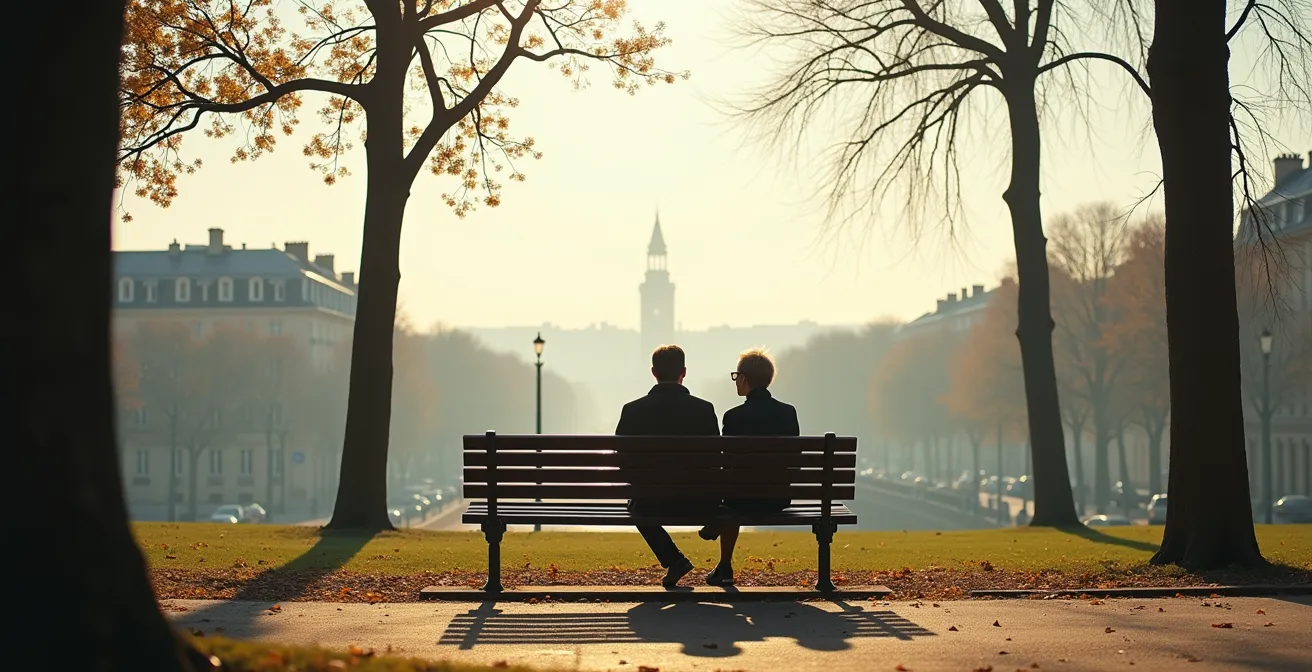 Vue large d'un couple discutant sur un banc dans un parc parisien avec l'espace négatif du ciel