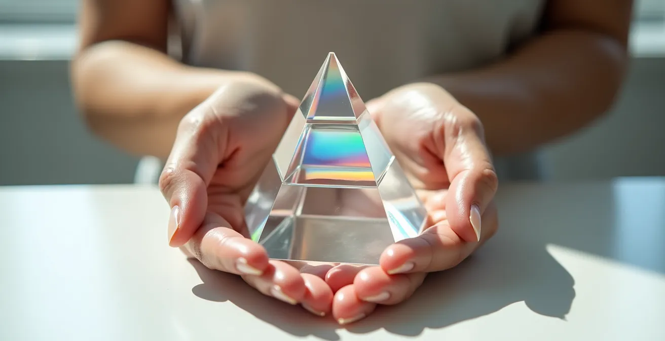 Mains tenant délicatement une pyramide en verre transparent avec des niveaux distincts, sur fond épuré