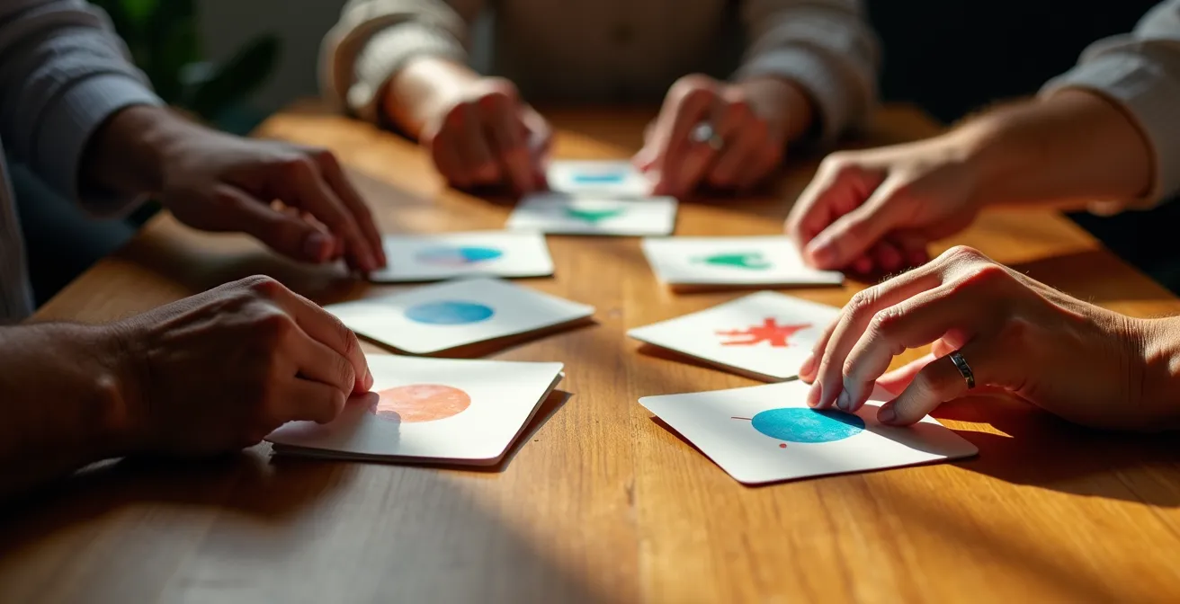 Cartes de questions posées sur une table avec mains qui les manipulent