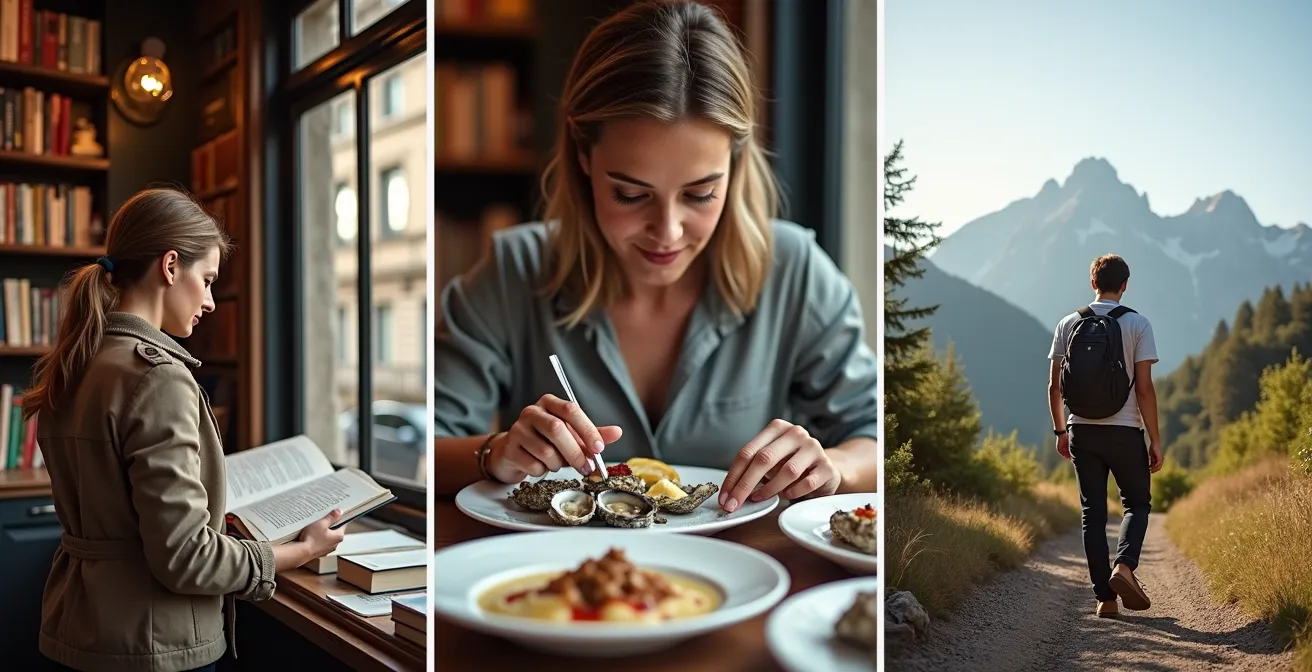 Composition de trois photos lifestyle authentiques montrant une personne dans différents contextes culturels français