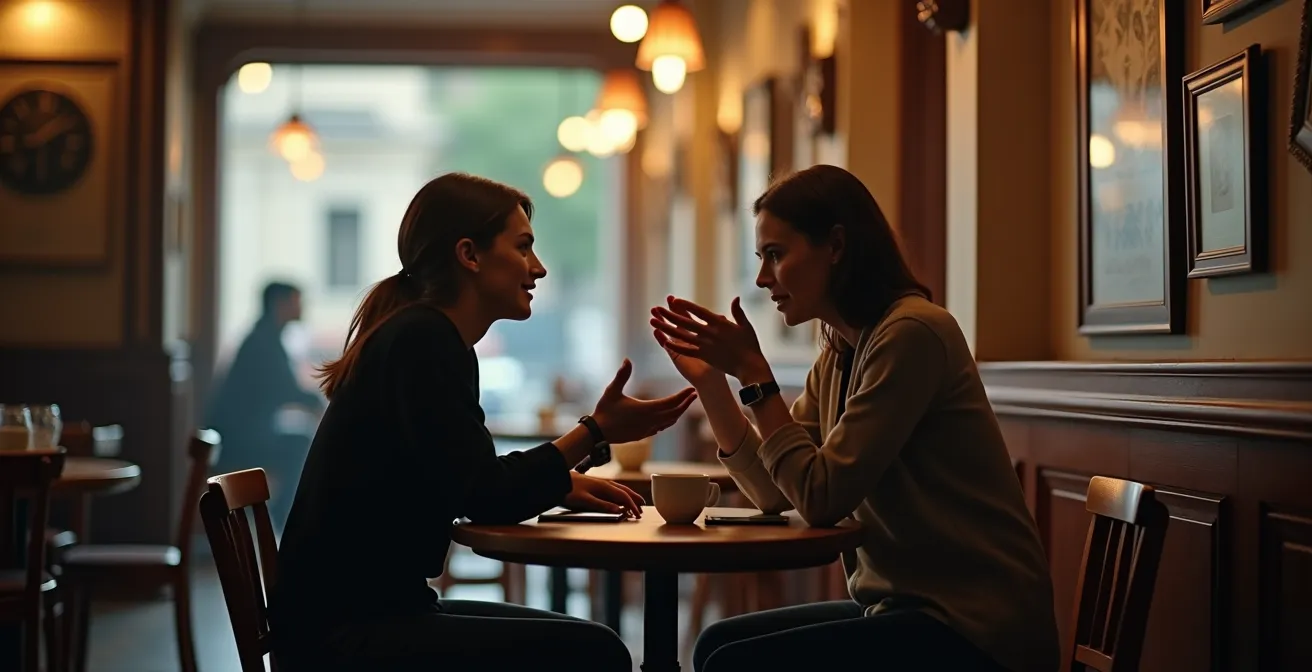 Deux personnes pratiquant l'écoute active dans un café avec contact visuel maintenu