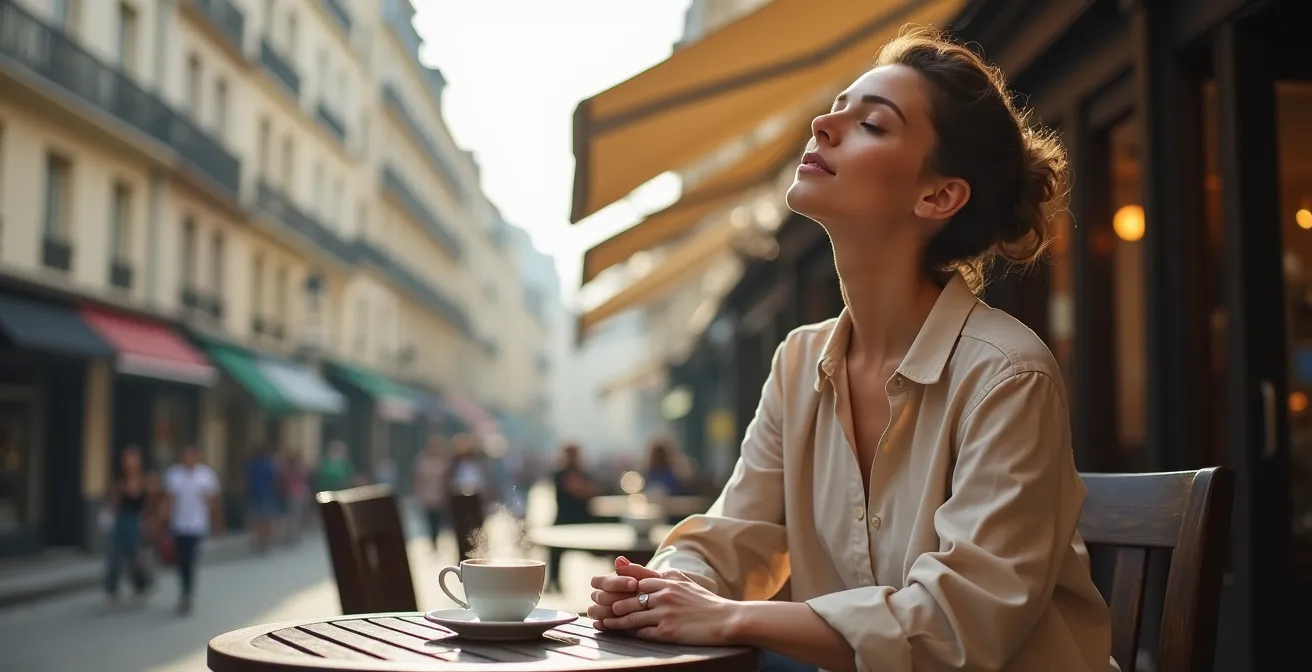 Personne pratiquant la respiration consciente dans un environnement urbain apaisant